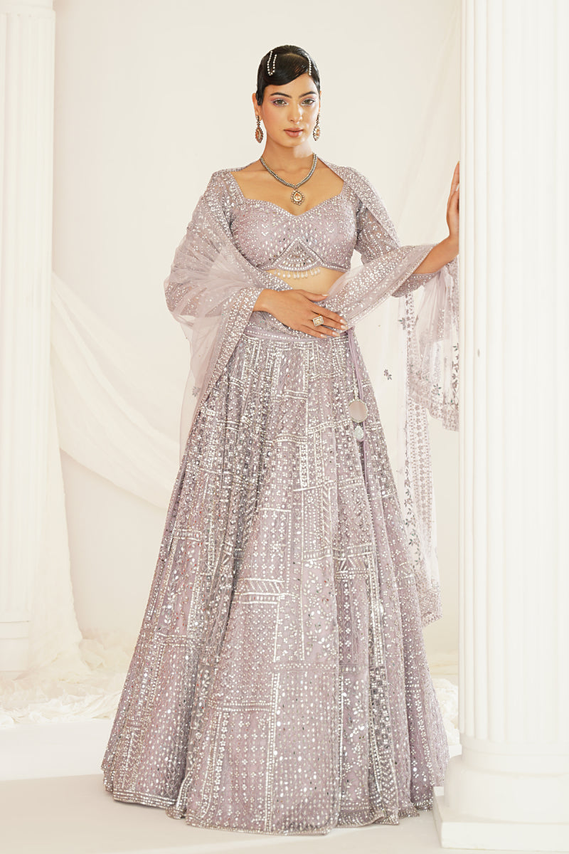 Lavender Embellished Choli, Lehenga And Dupatta Set