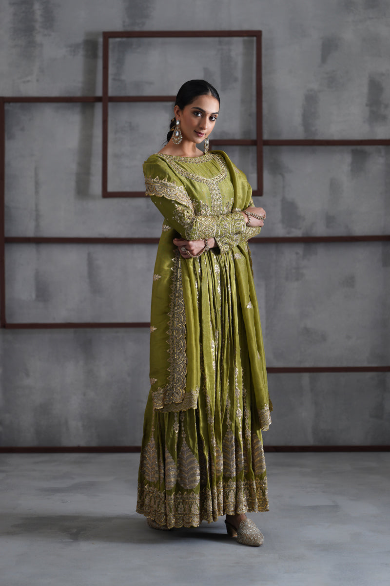 Mehendi Green Embroidered Anarkali Churidar Dupatta