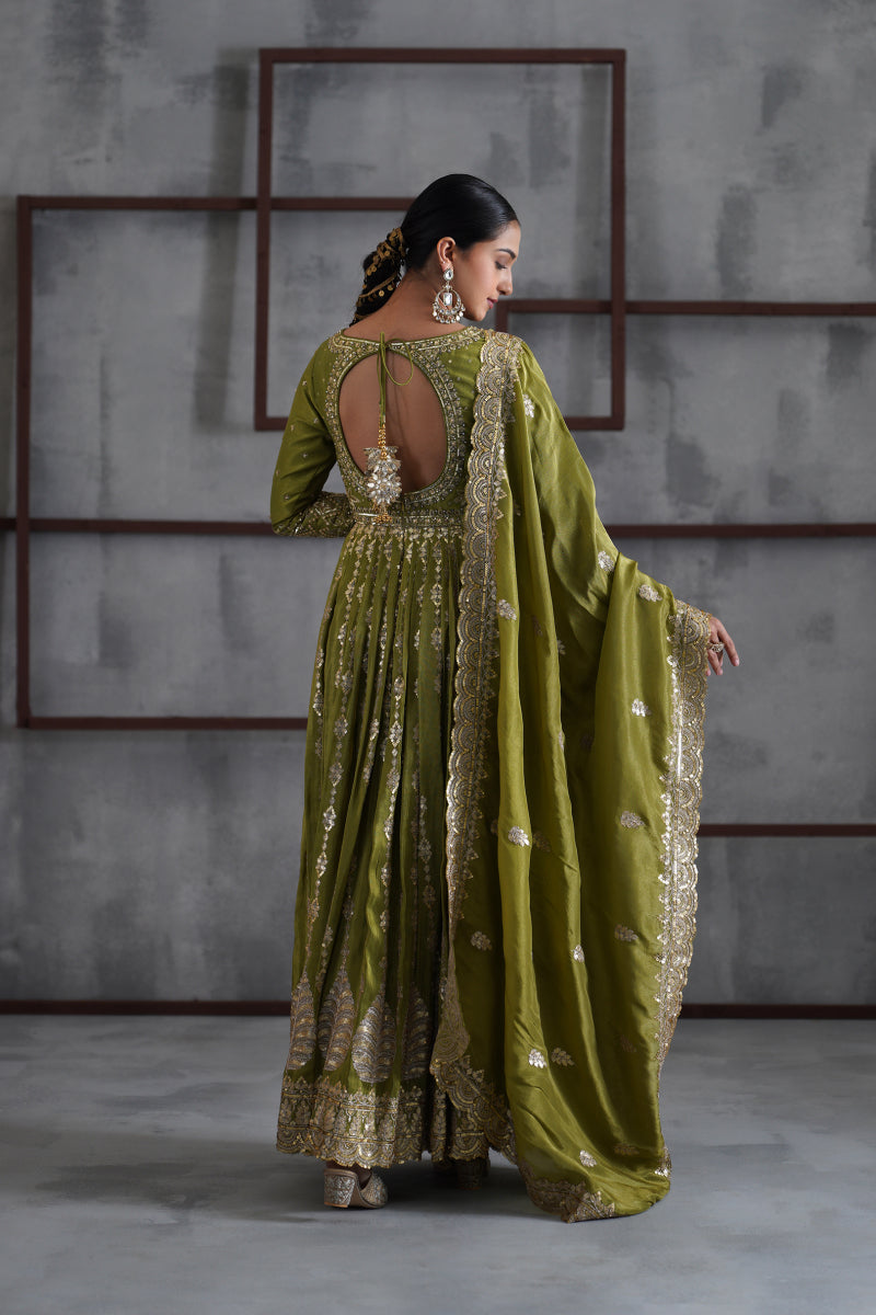 Mehendi Green Embroidered Anarkali Churidar Dupatta