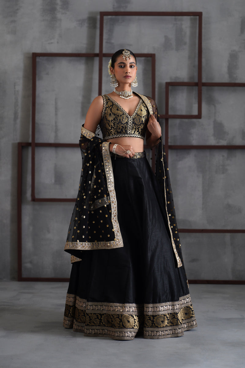 Black Brocade Blouse, Lehenga And Dupatta