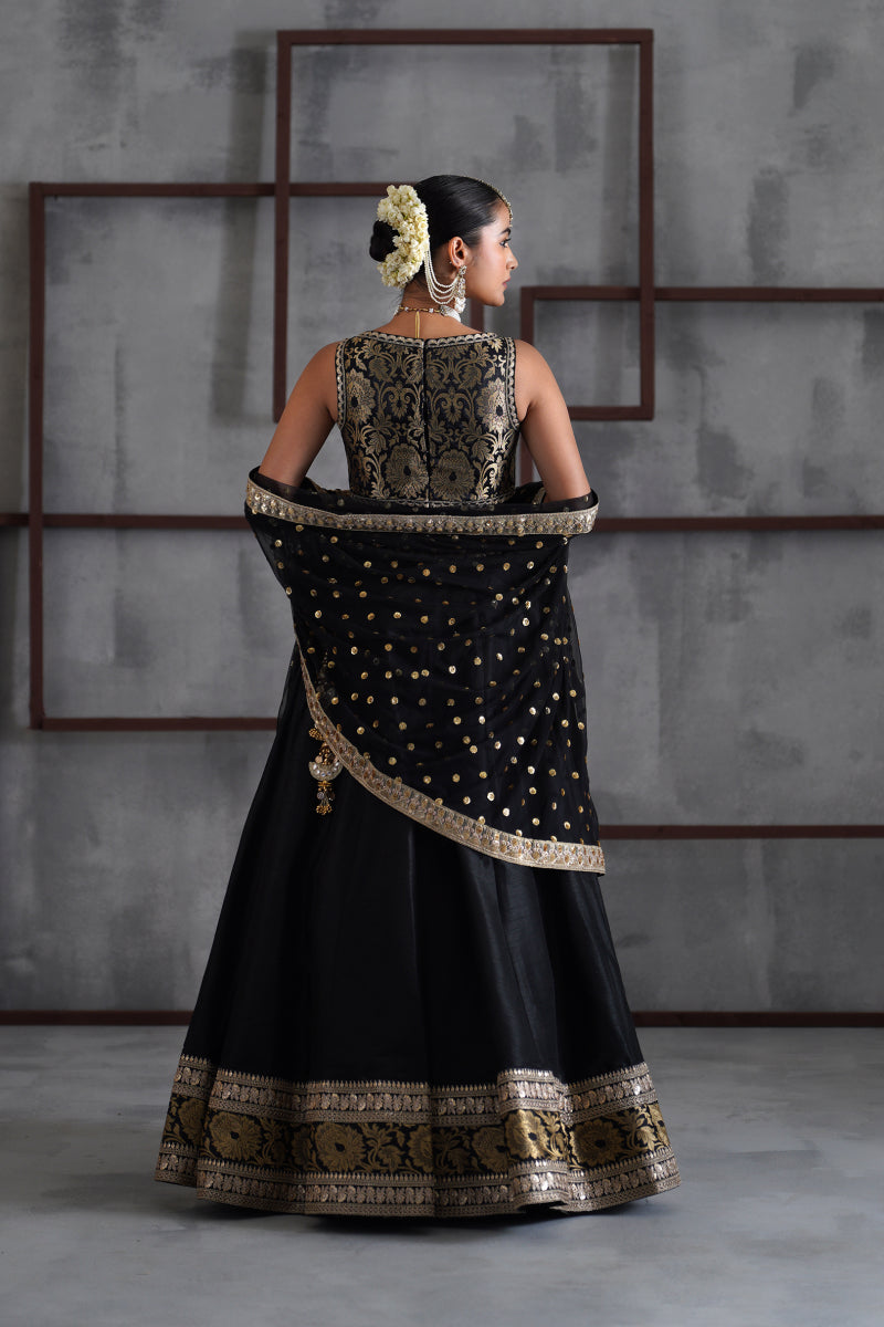 Black Brocade Blouse, Lehenga And Dupatta