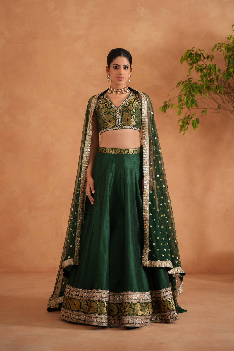 Bottle Green Brocade Blouse, Lehenga And Dupatta