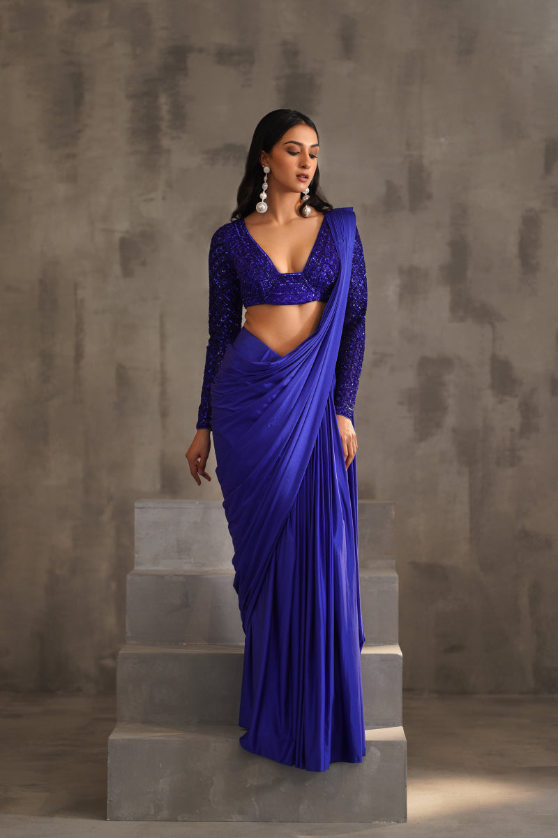 Royal Blue Embroidered Blouse And Drape Lycra Saree