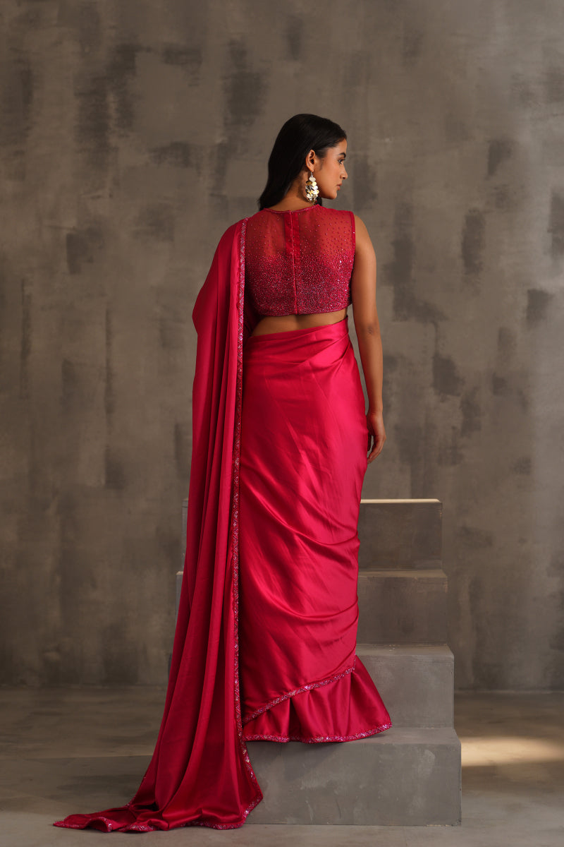 Fuchsia Embroidered Blouse And Pre Pleated Saree
