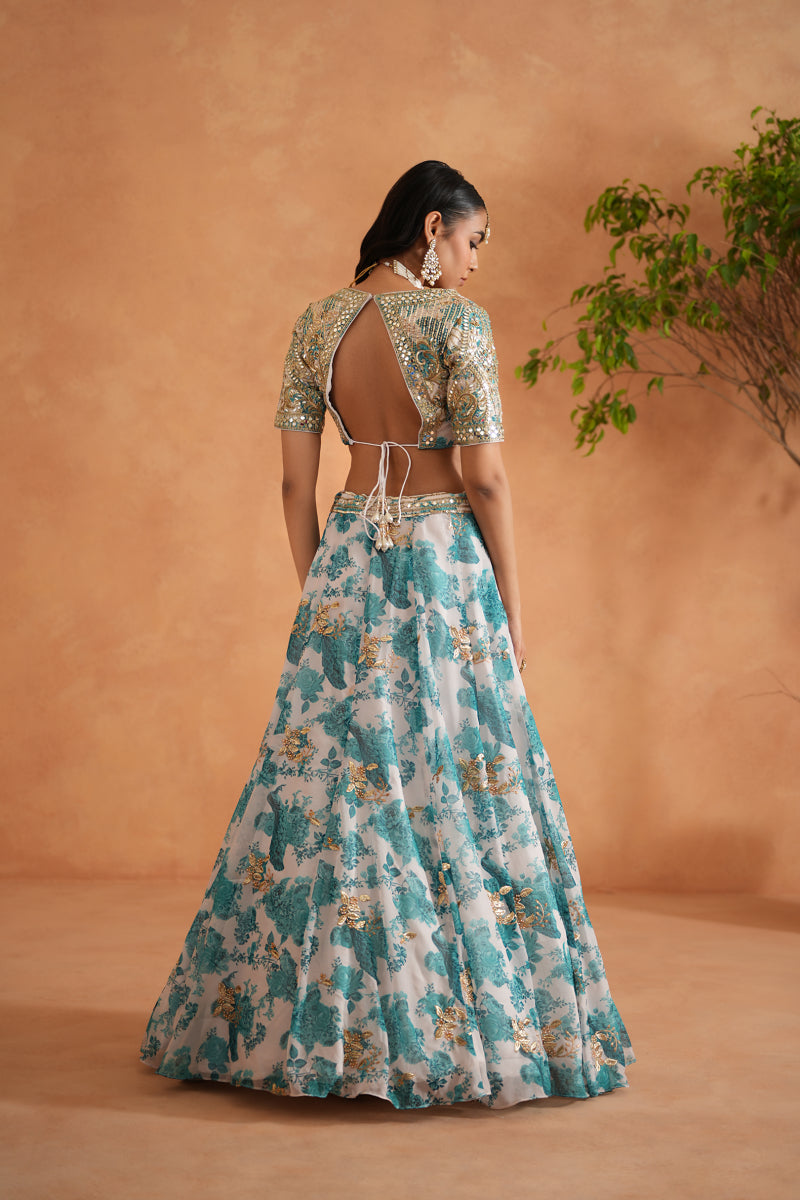 Teal Blue Mirror Embroidery Blouse, Printed Lehanga And Dupatta