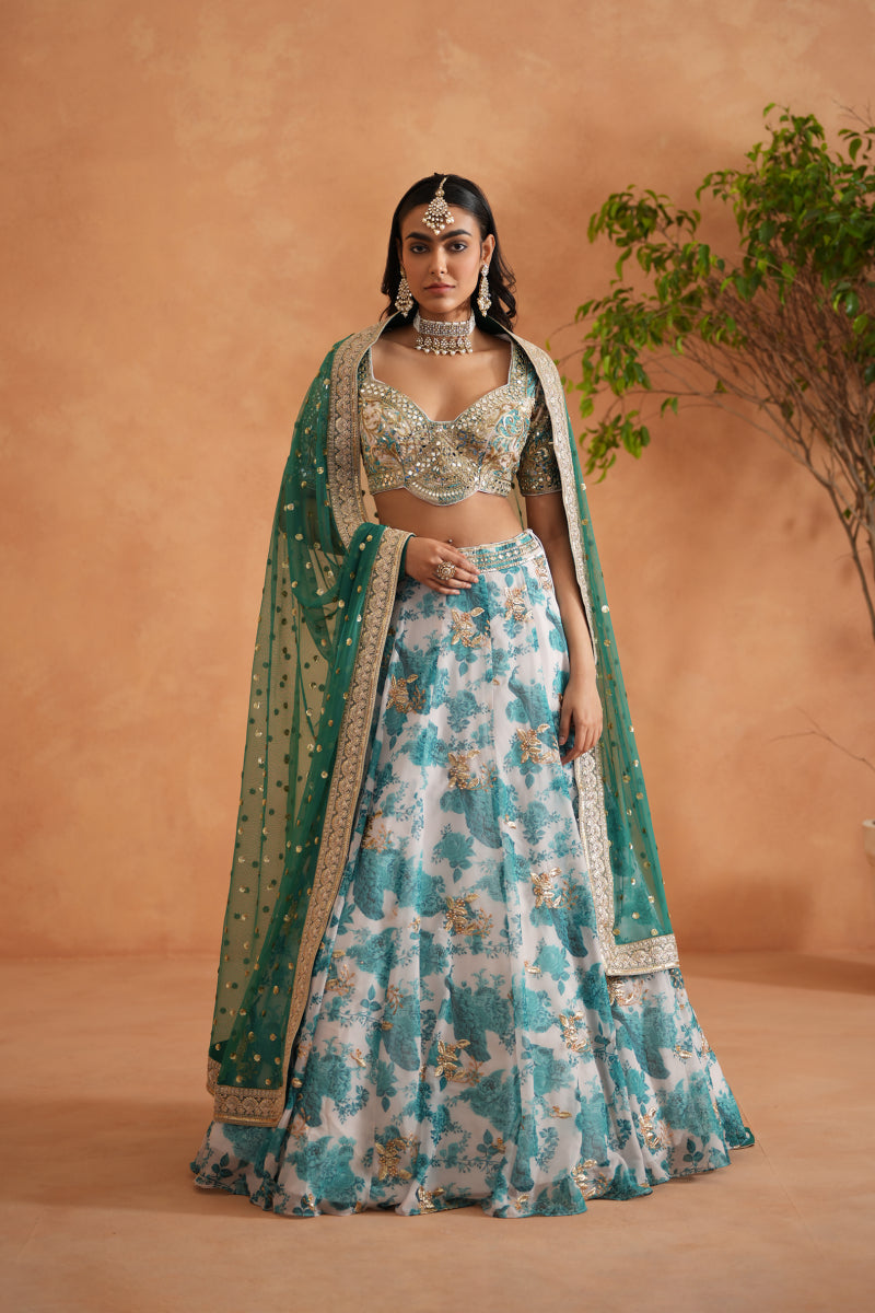 Teal Blue Mirror Embroidery Blouse, Printed Lehanga And Dupatta