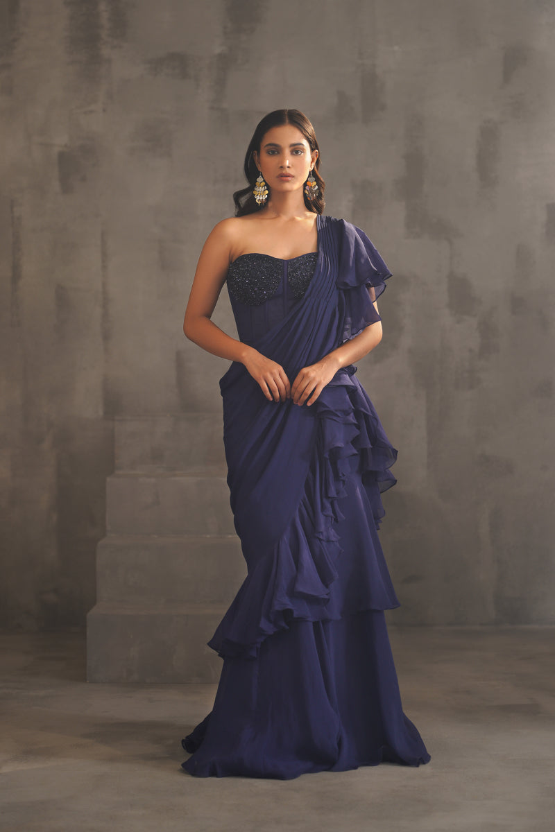 Navy Blue Embroidered Bustier And Drape Saree
