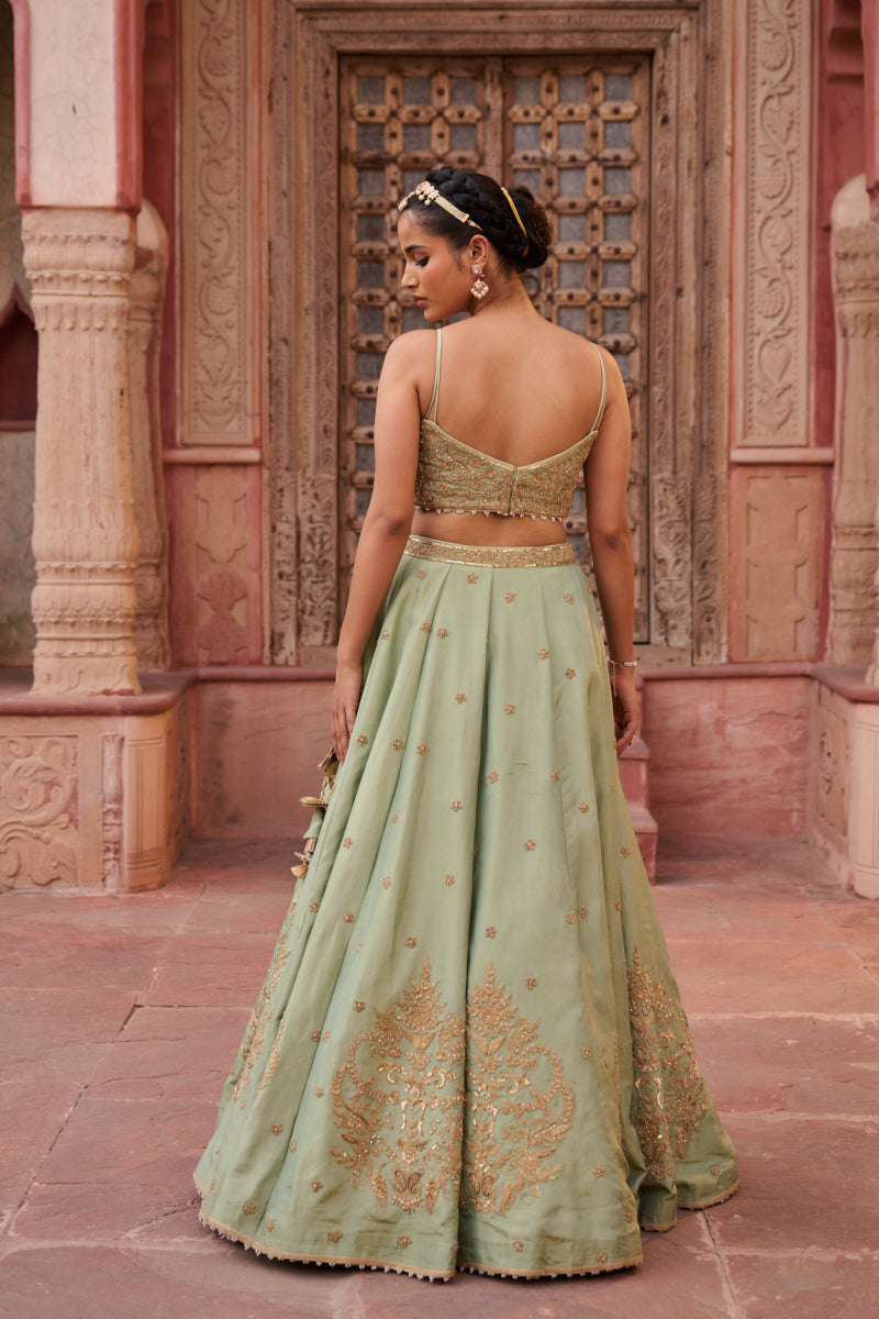 Mint Green Shimmer Tissue Blouse, Lehenga And Dupatta