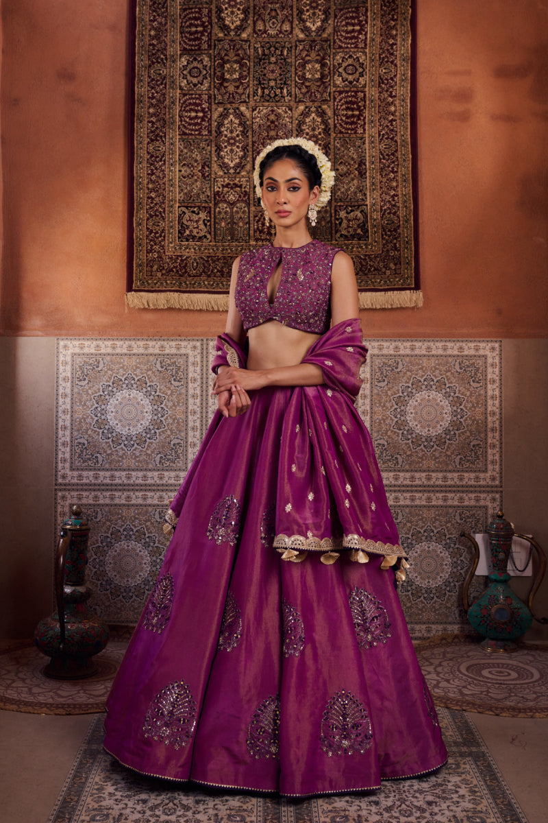 Purple Shimmer Tissue Blouse, Lehenga And Dupatta