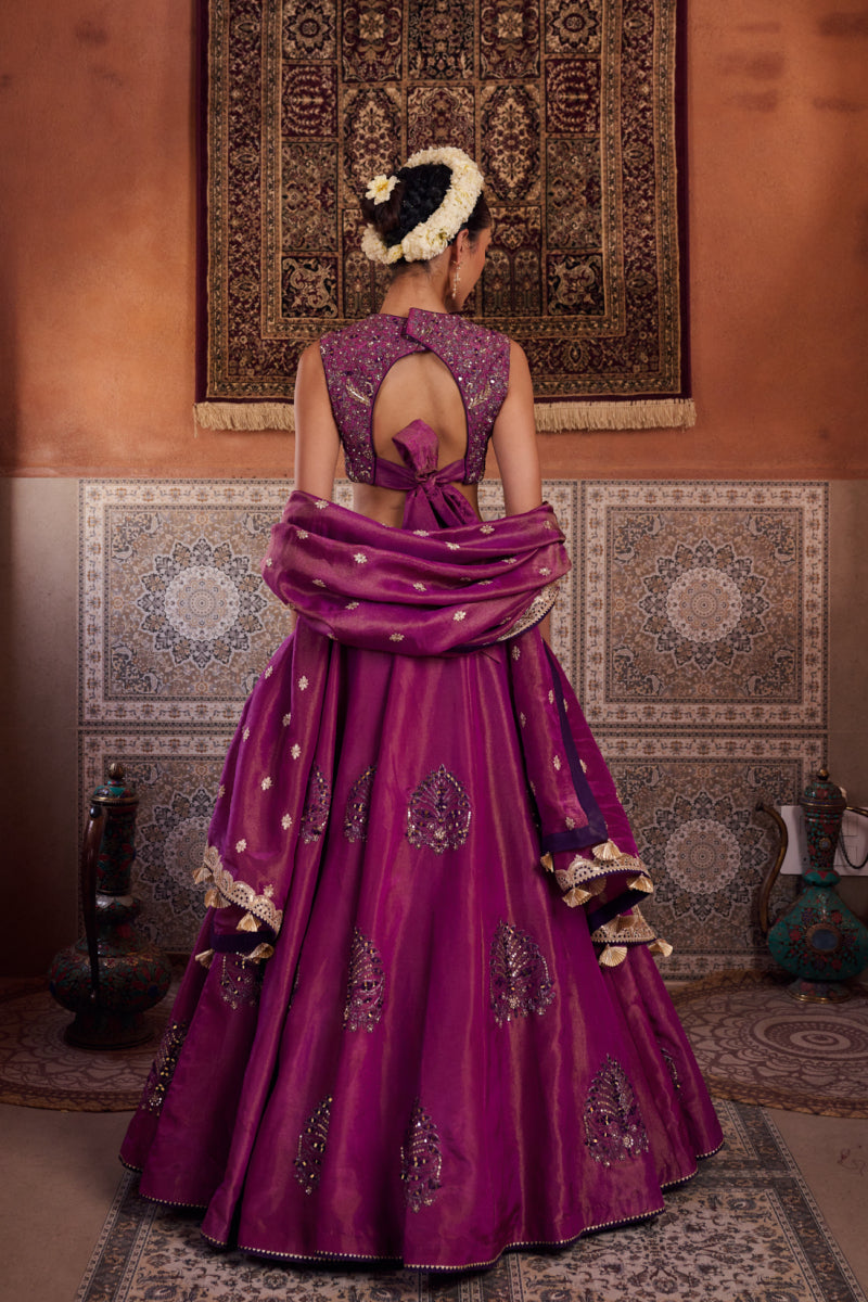 Purple Shimmer Tissue Blouse, Lehenga And Dupatta
