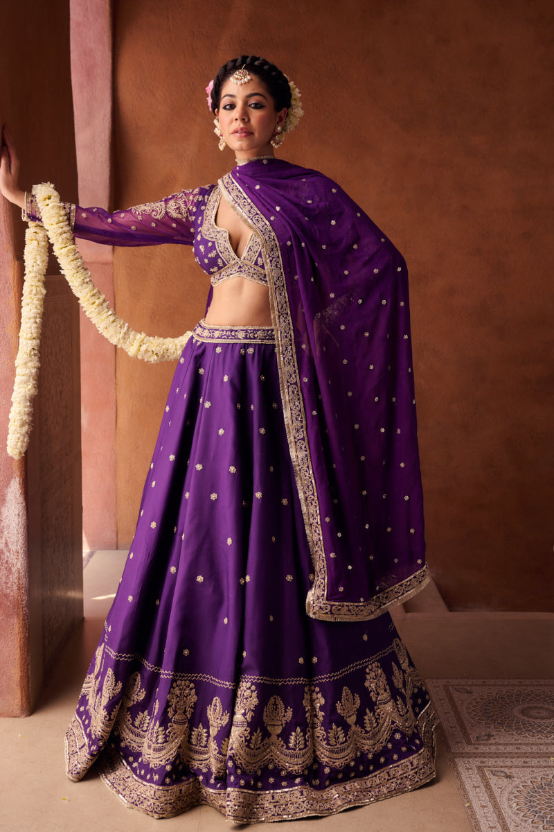 Purple Upada Silk Blouse, Lehenga And Georgette Dupatta