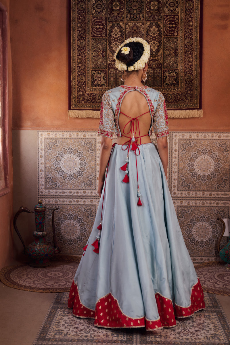 Powder Blue And Fuchsia Silk Blouse, Lehenga And Organza Dupatta