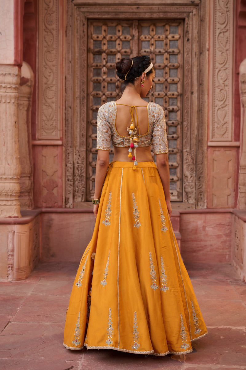 Mustard And Powder Blue Embroidered Blouse, Lehenga And Dupatta