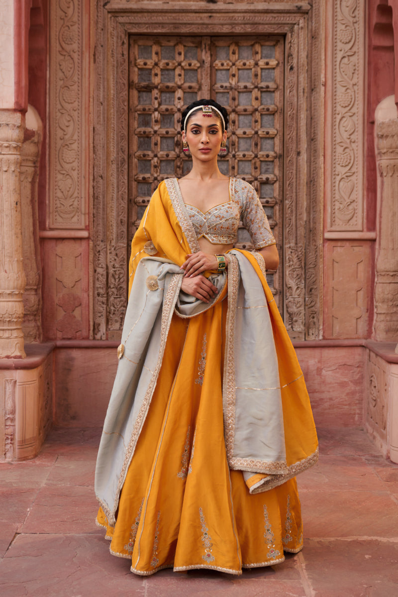 Mustard And Powder Blue Embroidered Blouse, Lehenga And Dupatta