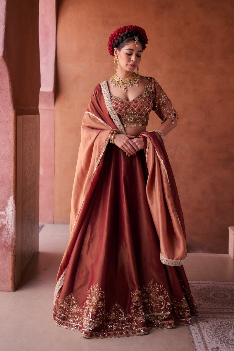 Maroon And Beige Shimmer Tissue Silk Blouse,
Lehenga And Dupatta