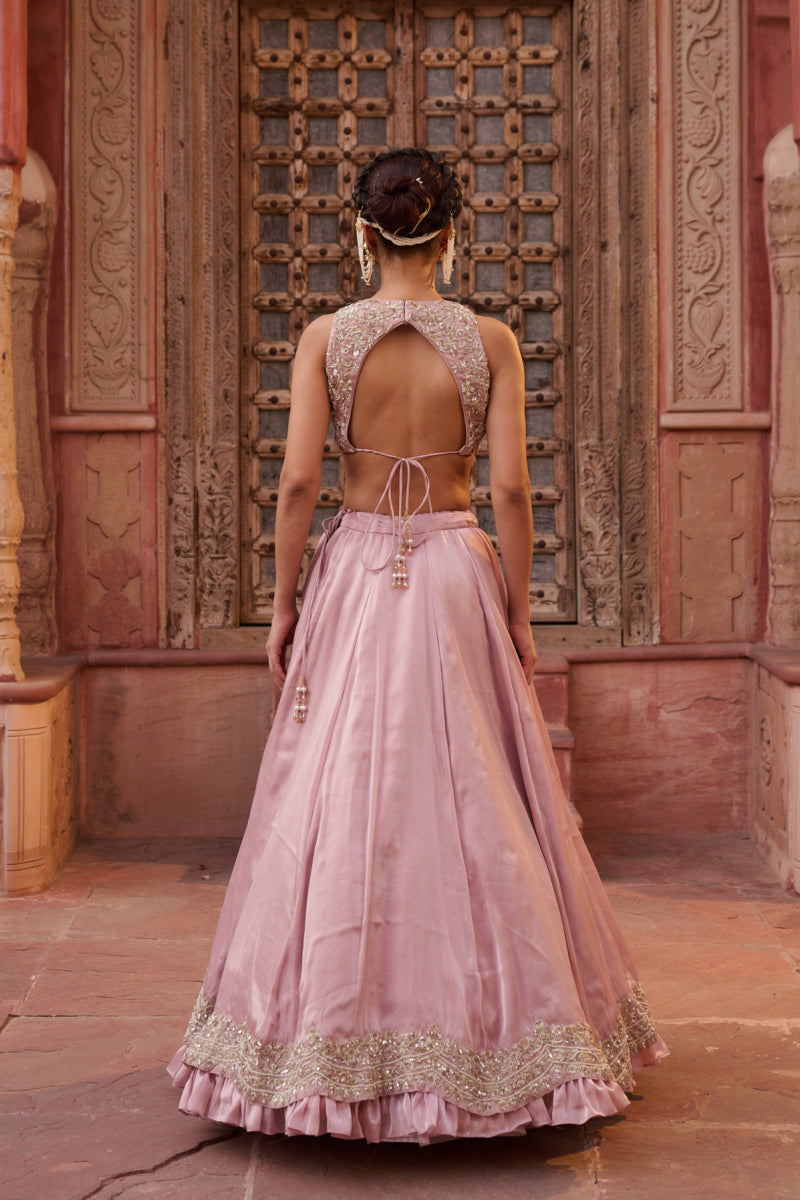 Blush Pink Glass Tissue Silk Blouse, Lehenga And Dupatta