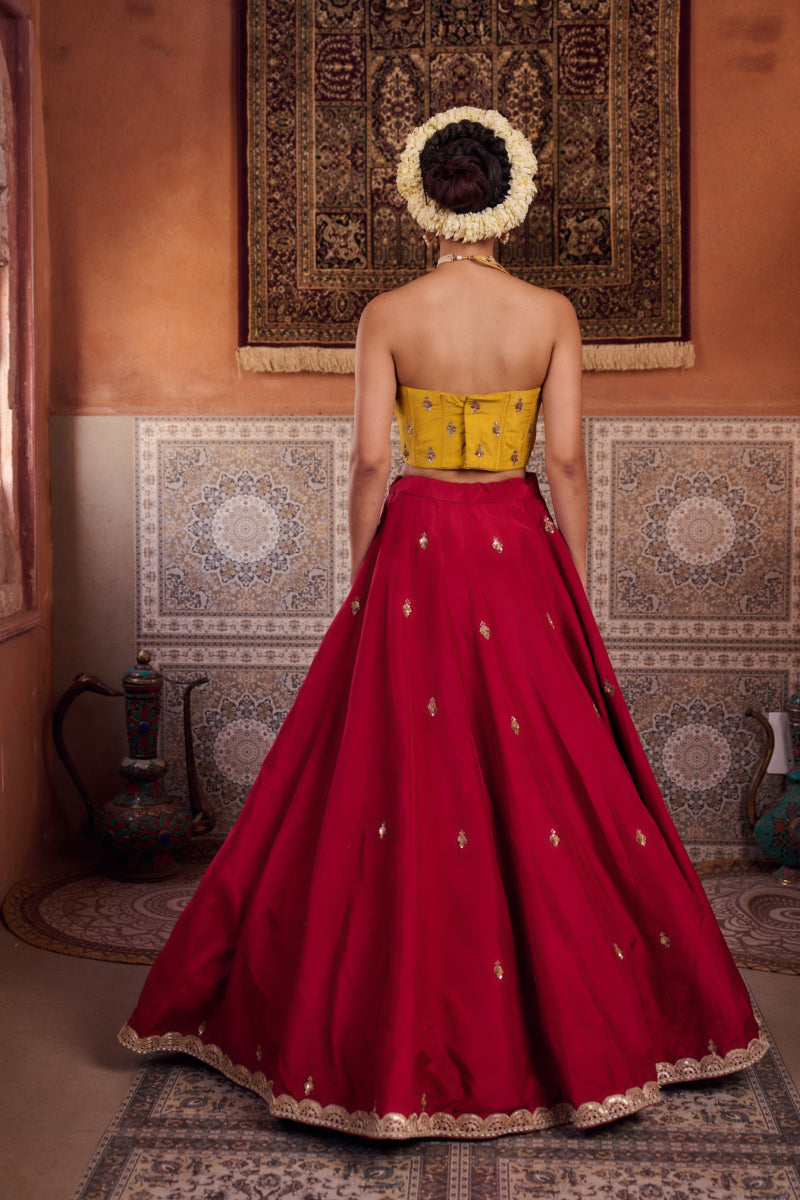 Mustard And Raspberry Wine Upada Silk Corset, Lehenga And Organza Dupatta