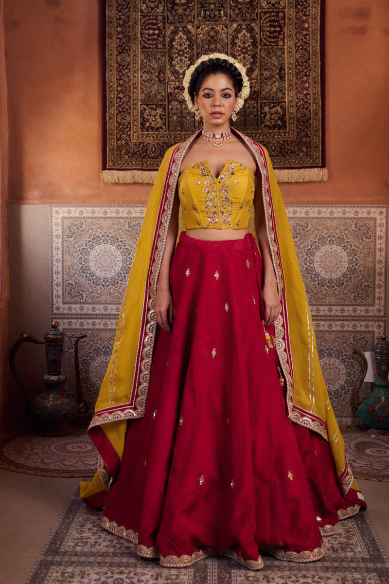 Mustard And Raspberry Wine Upada Silk Corset, Lehenga And Organza Dupatta
