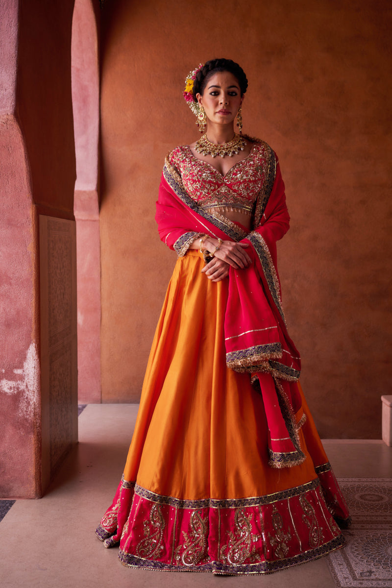 Rust Orange And Magenta Pink Upada Silk Blouse, Lehenga And Dupatta