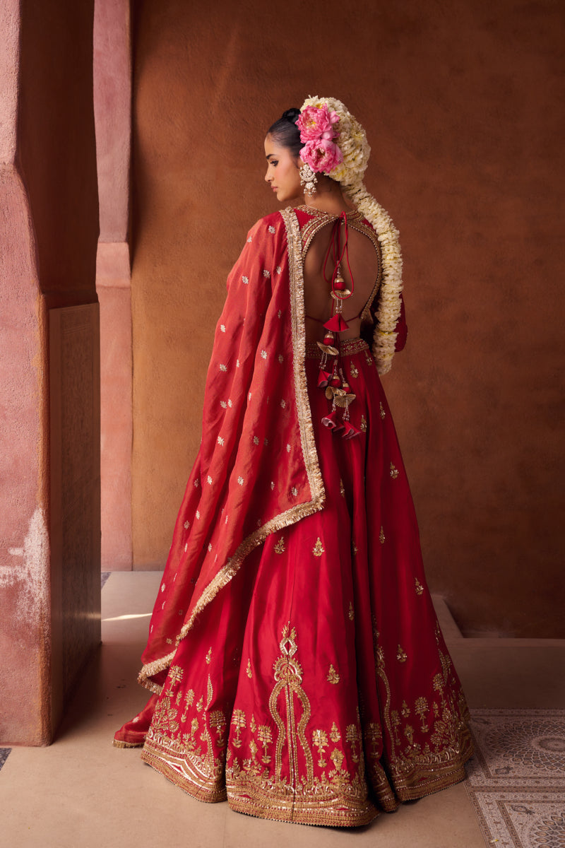 Reddish Coral Upada Silk Blouse, Lehenga And Shimmer Tissue Dupatta