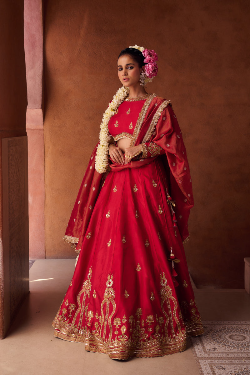 Reddish Coral Upada Silk Blouse, Lehenga And Shimmer Tissue Dupatta