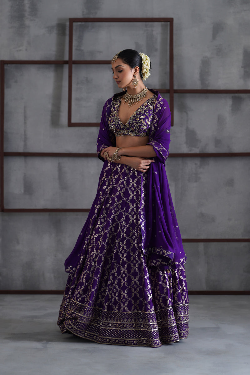 Purple Embroidered Blouse, Banarsi Lehenga And Dupatta