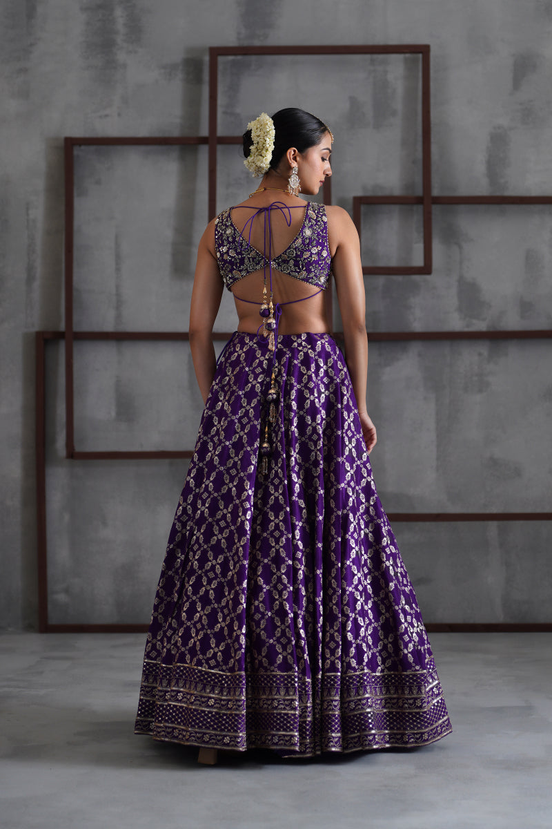 Purple Embroidered Blouse, Banarsi Lehenga And Dupatta