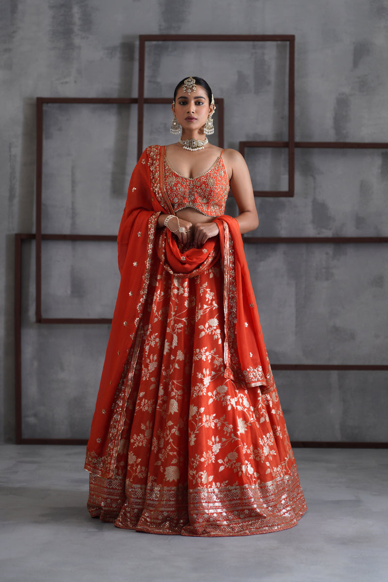 Orange Embroidered Bustier, Banarsi Lehenga And Dupatta