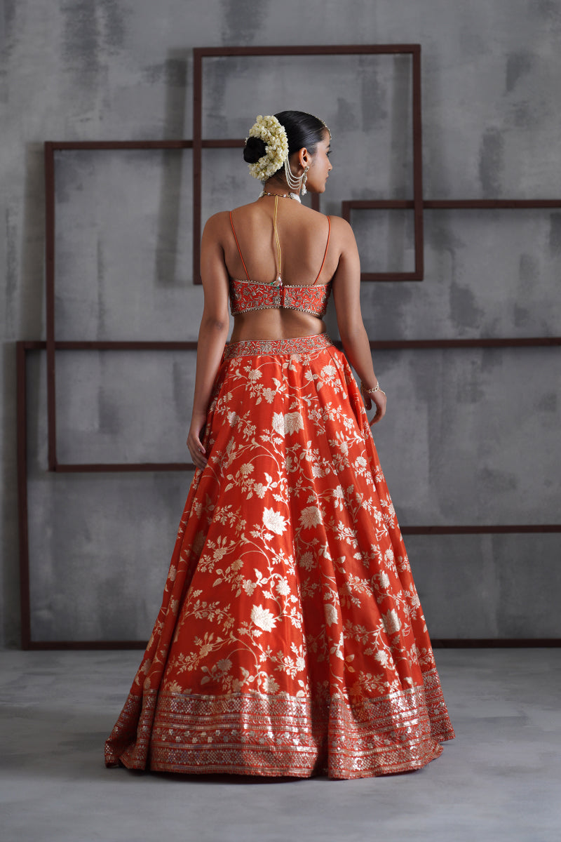 Orange Embroidered Bustier, Banarsi Lehenga And Dupatta