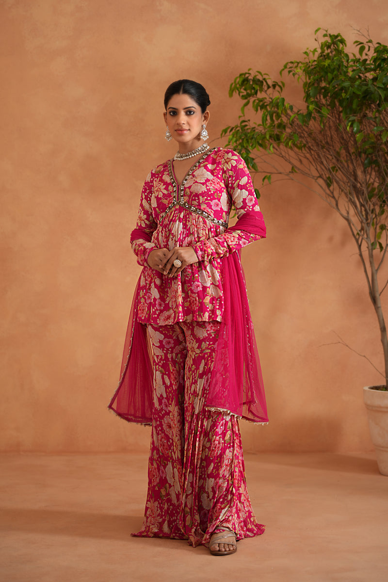 Fuchsia Embroidered Peplum Kurti, Garara And Dupatta
