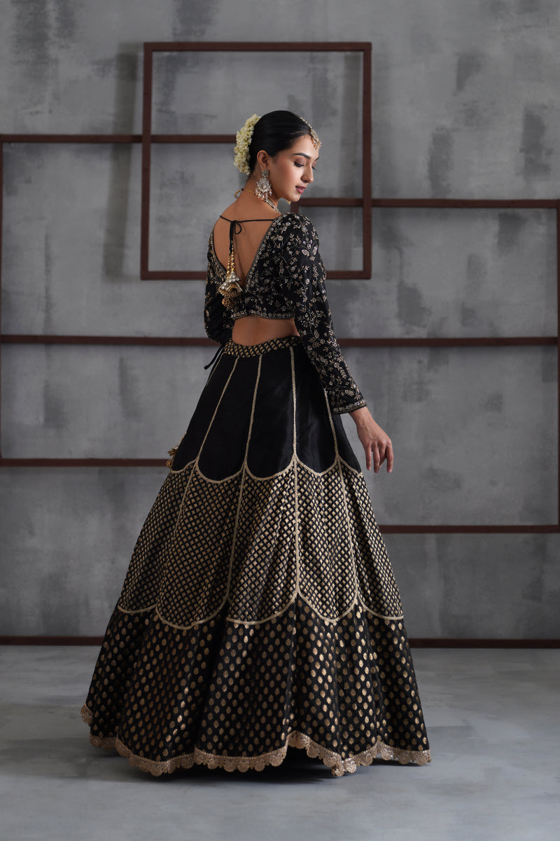 Black Embroidered Blouse, Brocade Lehenga And Dupatta