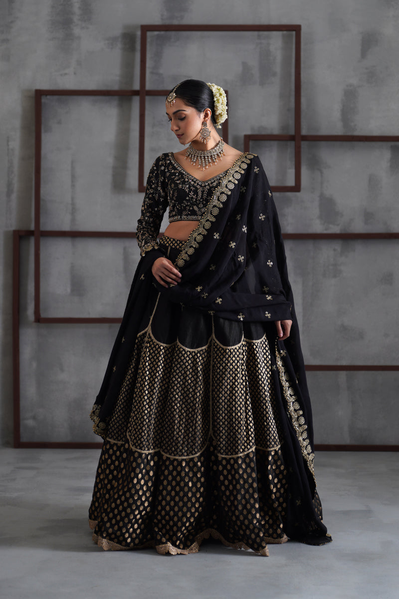 Black Embroidered Blouse, Brocade Lehenga And Dupatta