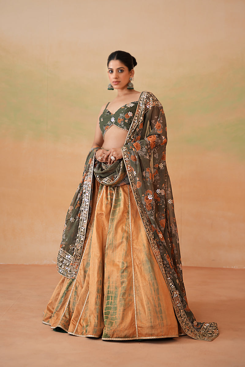 Olive Green Printed Blouse, Tie And Dye Lehenga And Printed Dupatta