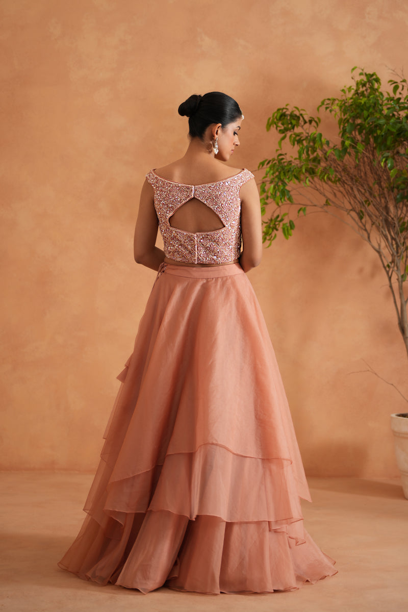 Peach Embroidered Blouse, Lehenga And Dupatta