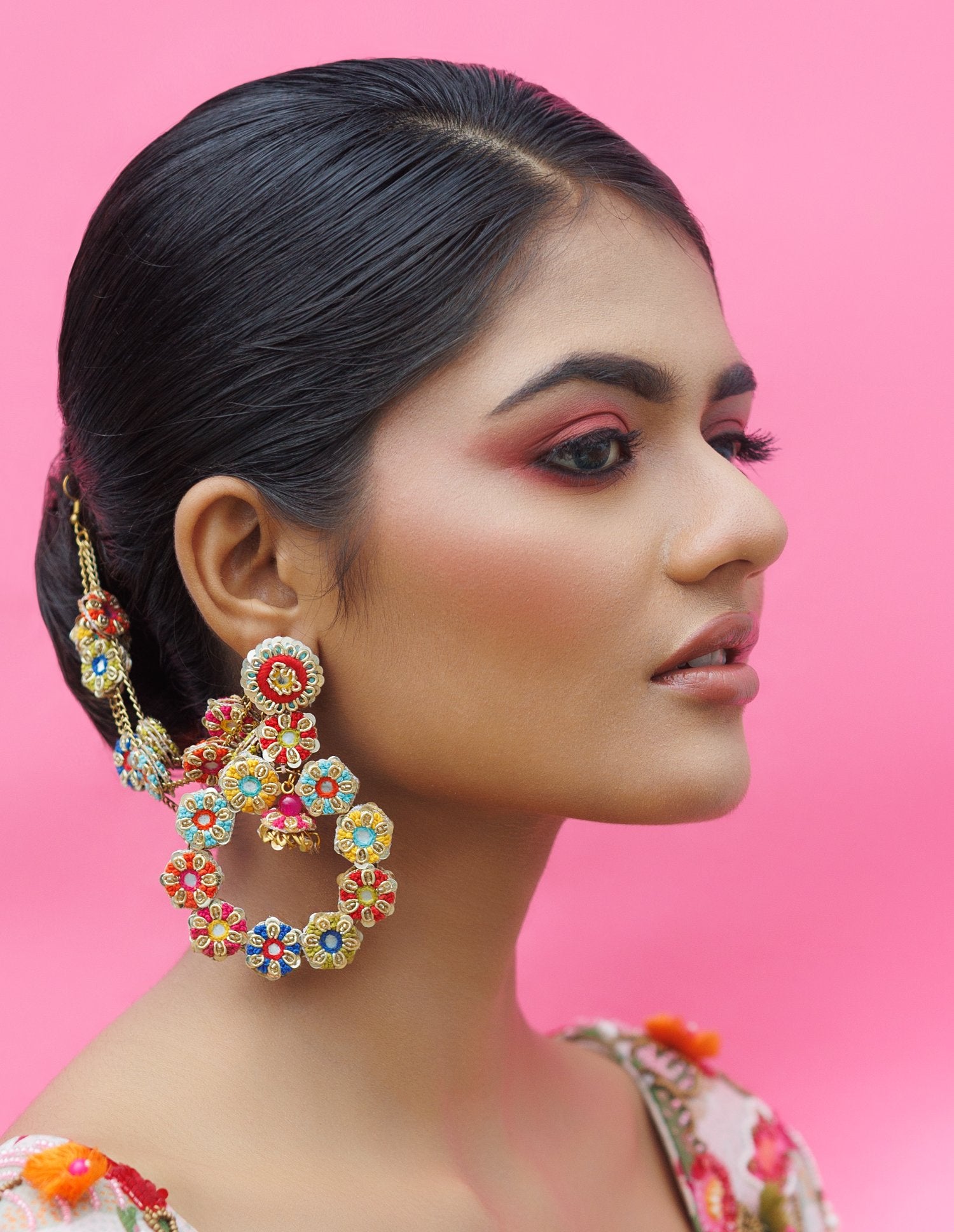 Hand Embroidered Floral Earrings With Floral Ear Chain
