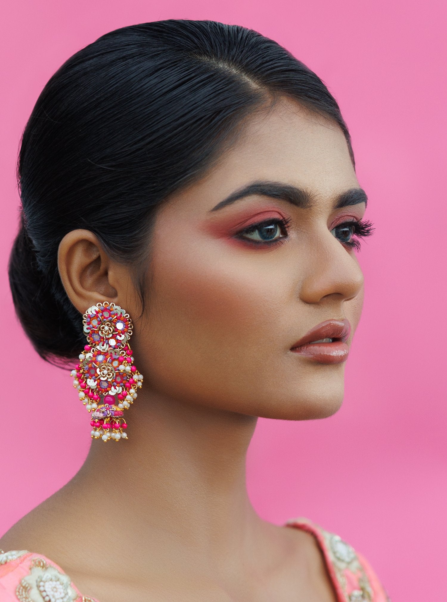 Adding Touch Of Charm With Radiant In Red Moti Work Earrings