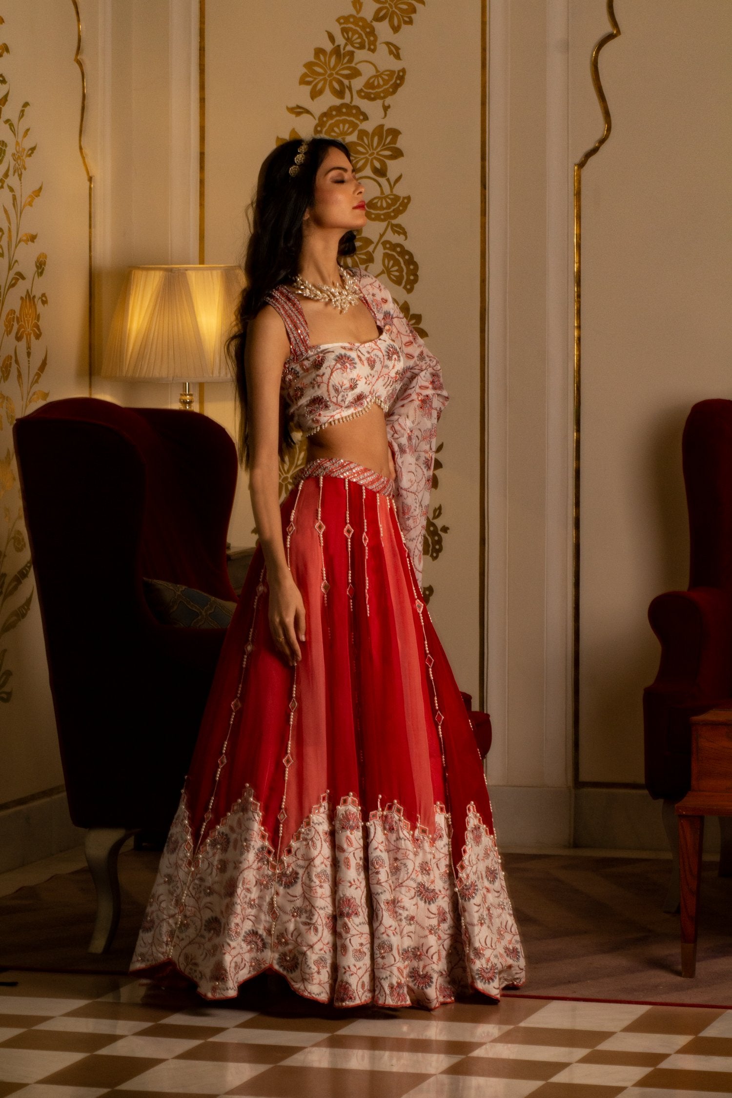 Multi-Coloured Organza Lehenga Set