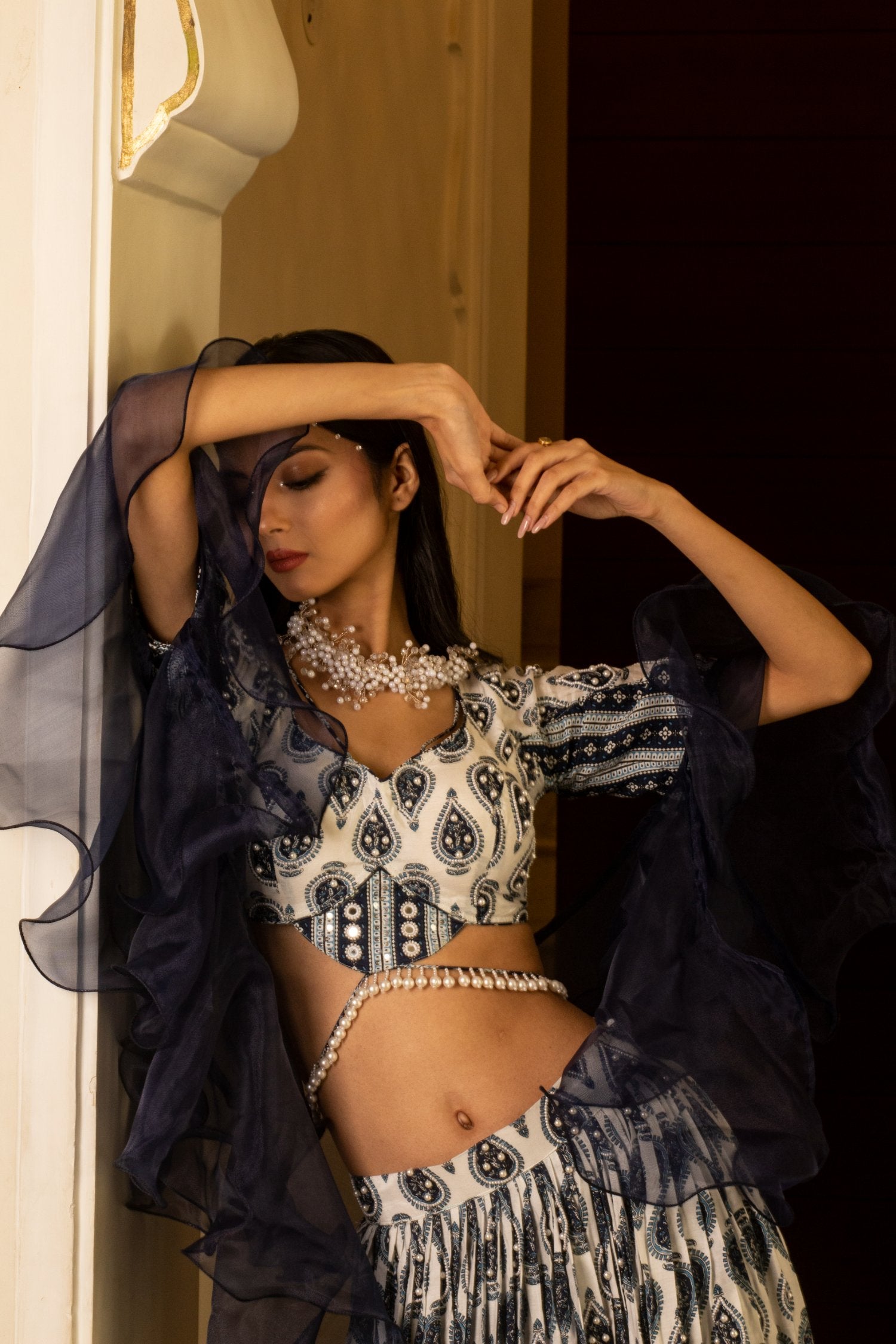 White Printed Tie-At-Waist Blouse And Skirt Set