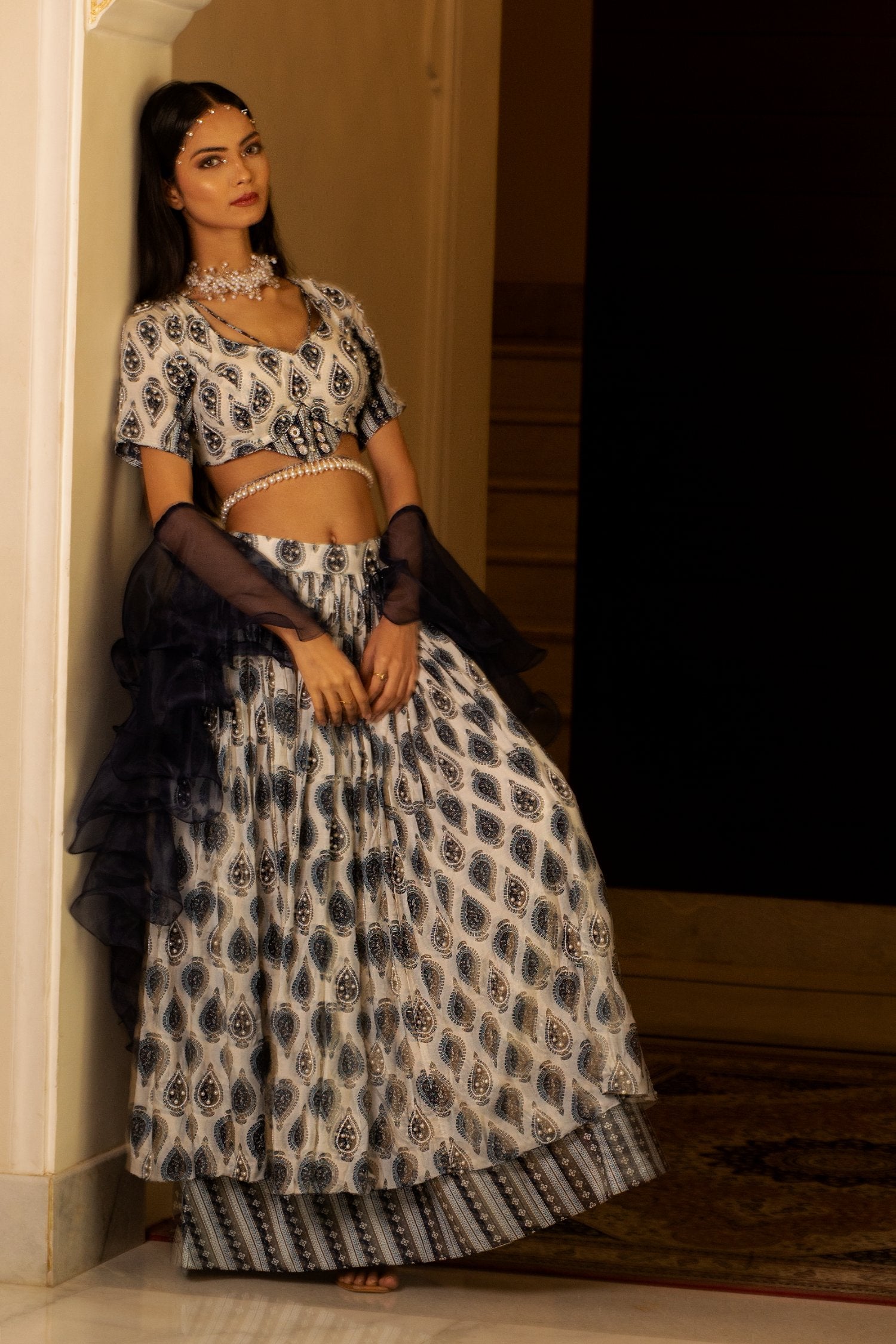 White Printed Tie-At-Waist Blouse And Skirt Set