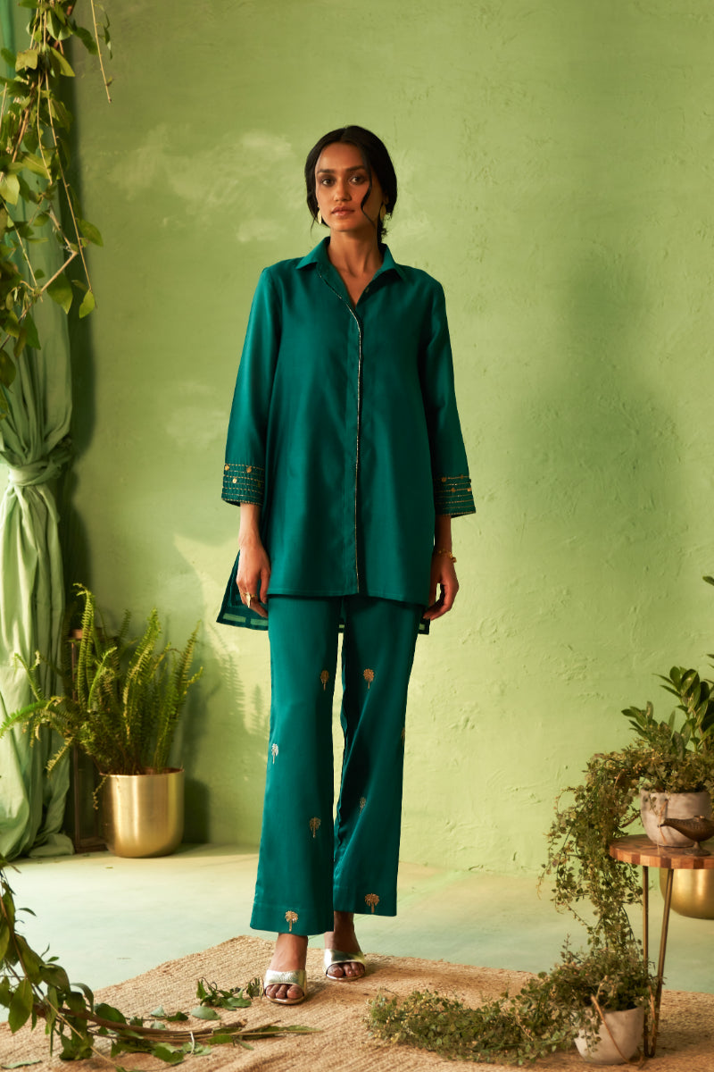Peacock Green Collared Coord Set