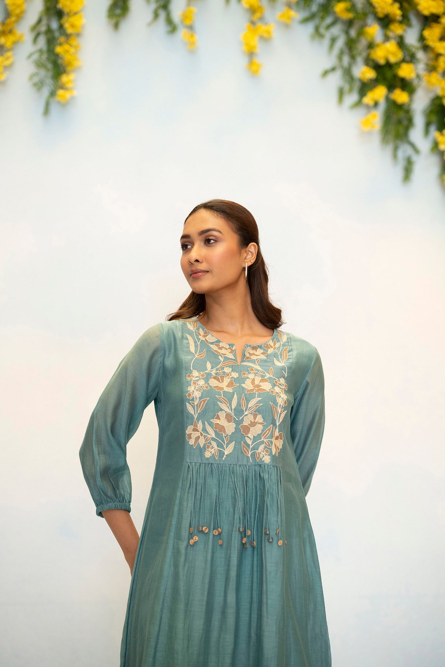 Noorani Mul Chanderi Aline Kurta Set in Teal Blue