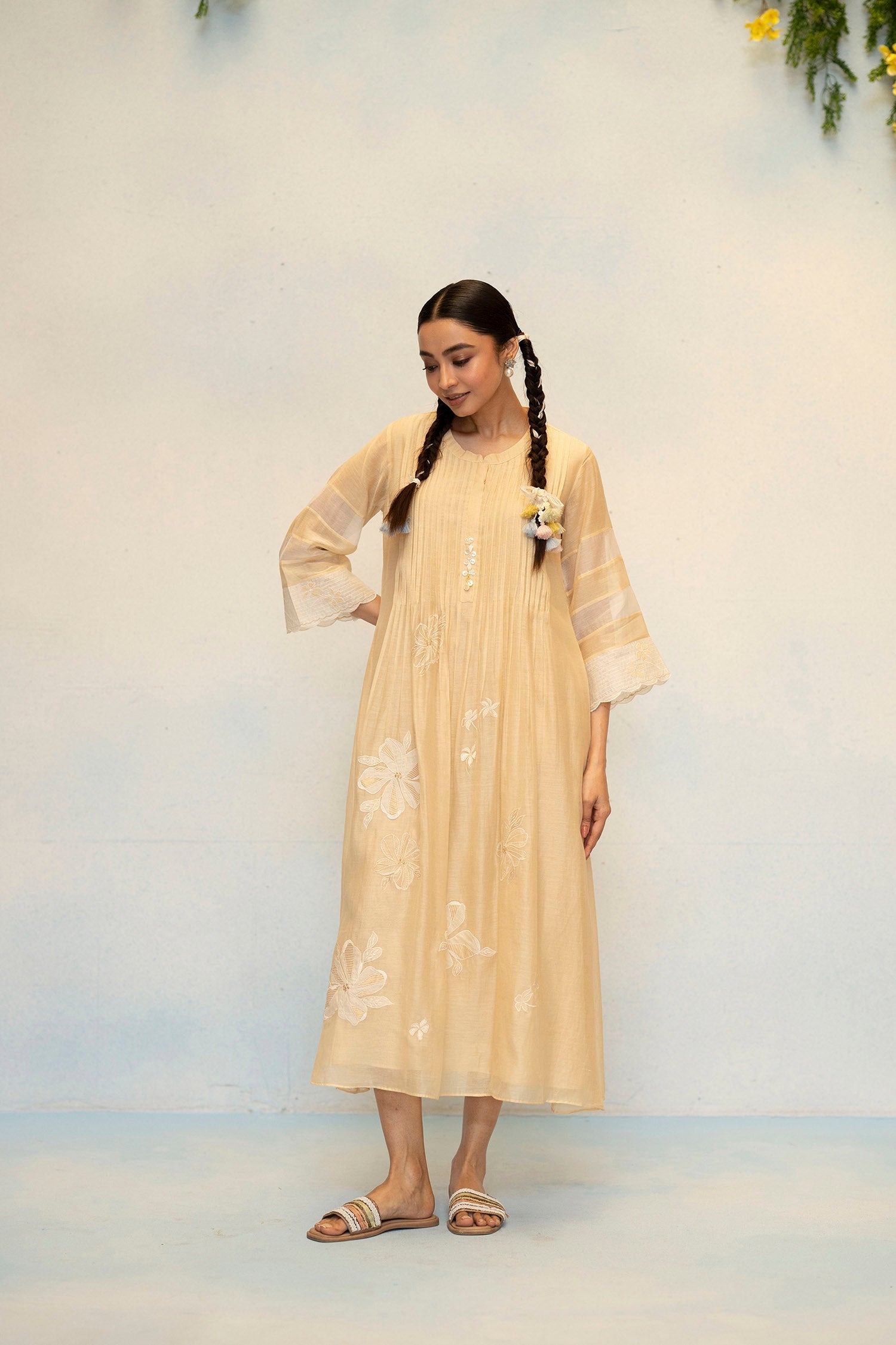 AM by Anita Mittal Noor Zara Beige Mul Chanderi Tunic with Butter Cotton Pant with Cord Embroidery