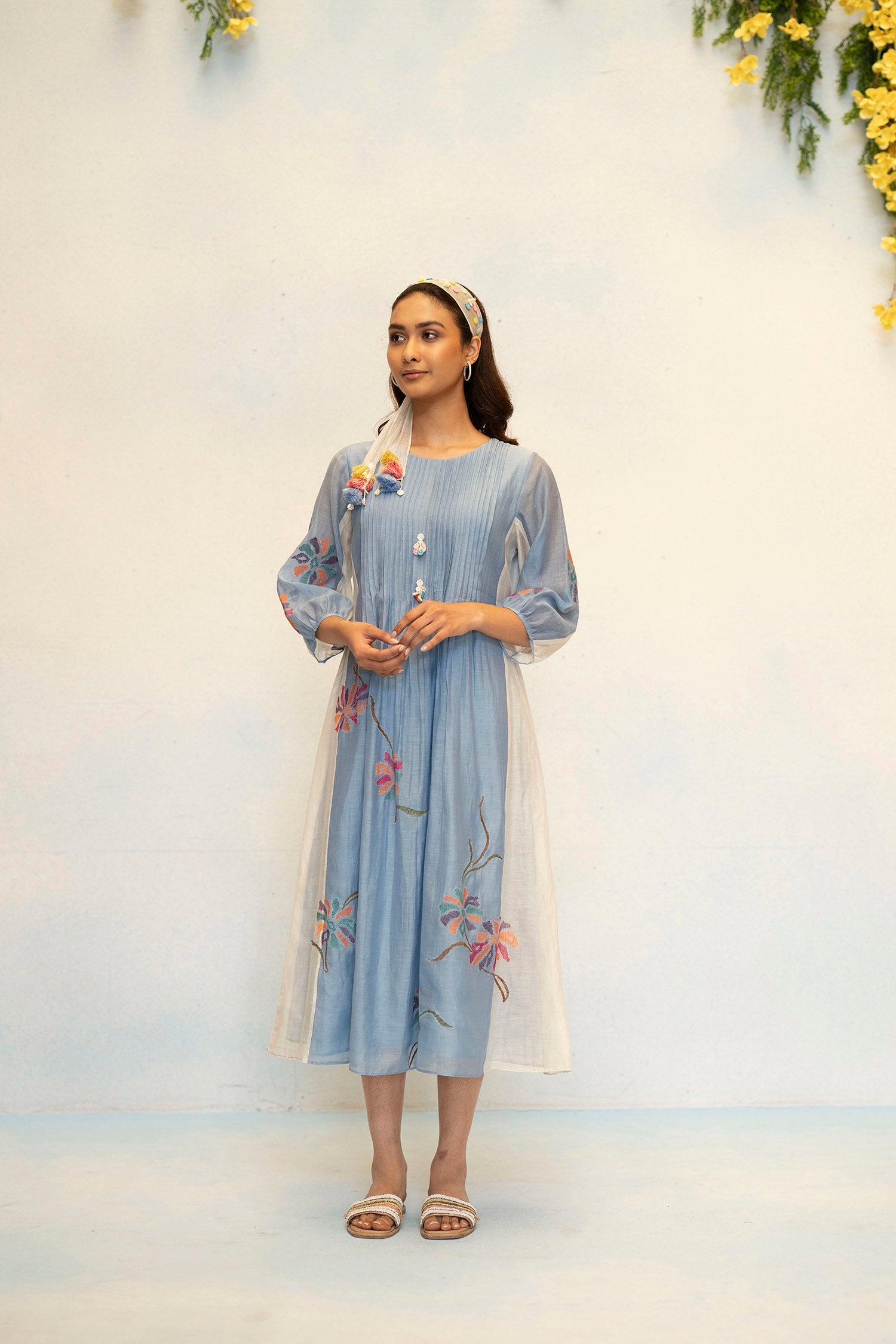 AM by Anita Mittal Noor Meher Olive Yellow Mul Chanderi Tunic with Butter Cotton Pant with Cord Embroidery