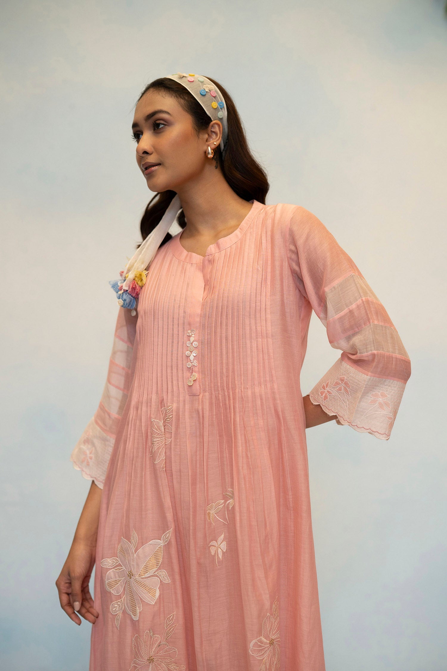 AM by Anita Mittal Noor Zara Pink Mul Chanderi Tunic with Butter Cotton Pant with Cord Embroidery