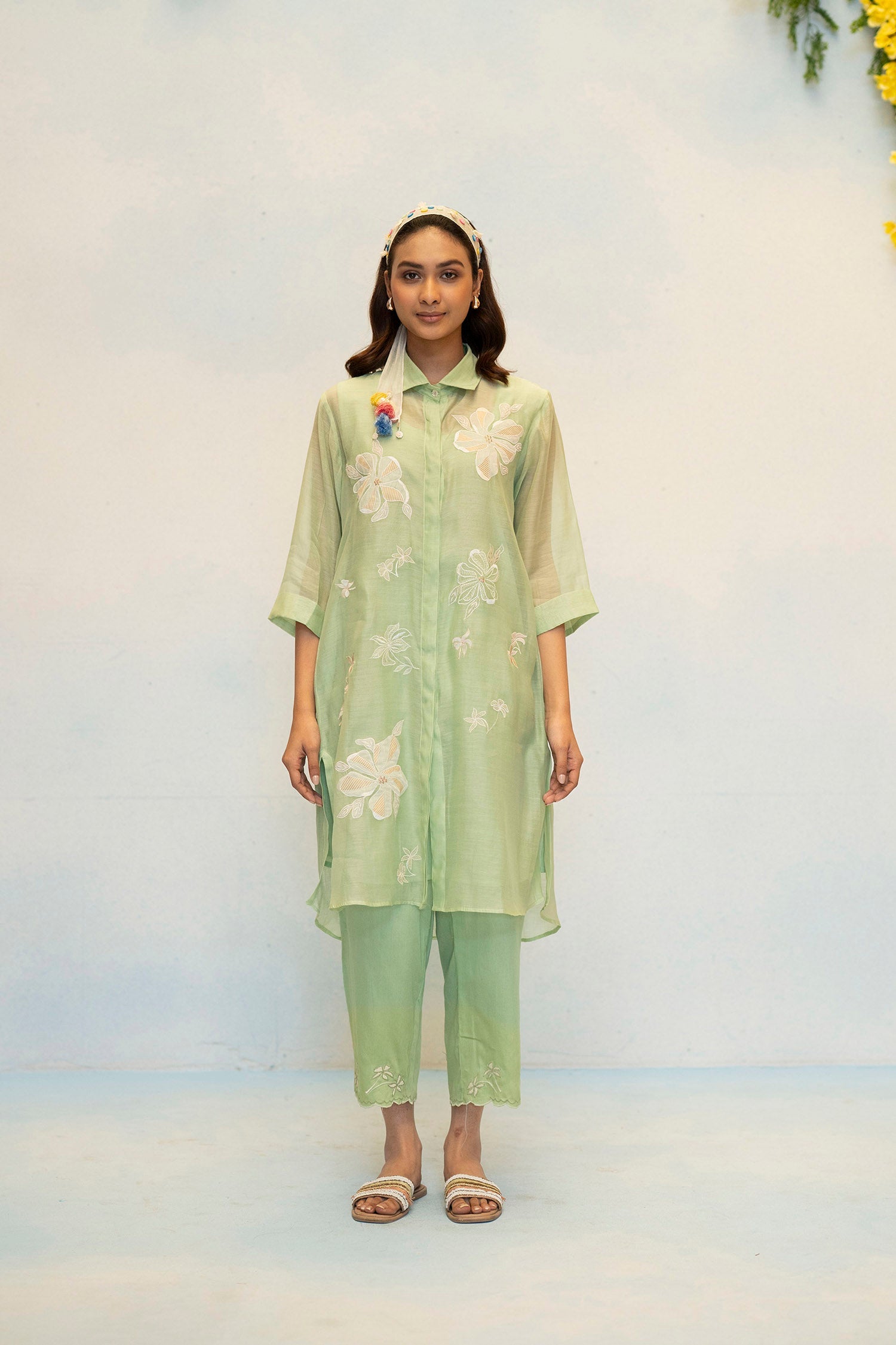 Zara Mul Chanderi Co-ord Set in Sage Green