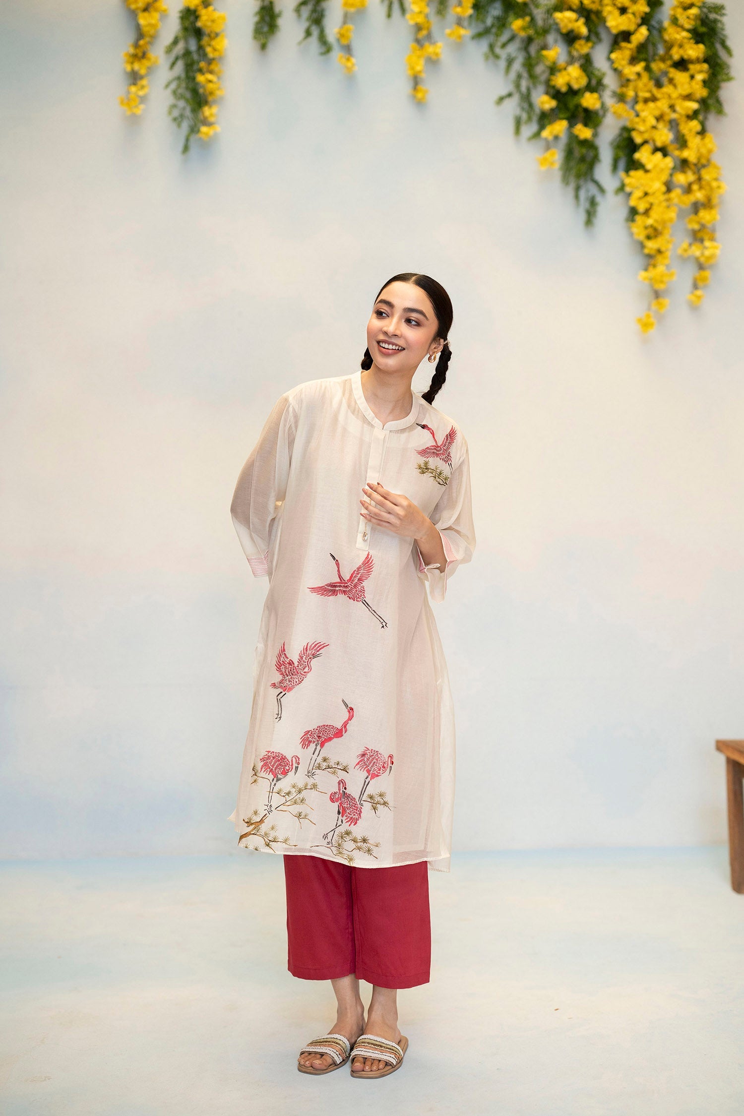 Rosh Mul Chanderi Co-ord Set in Off-White/Red