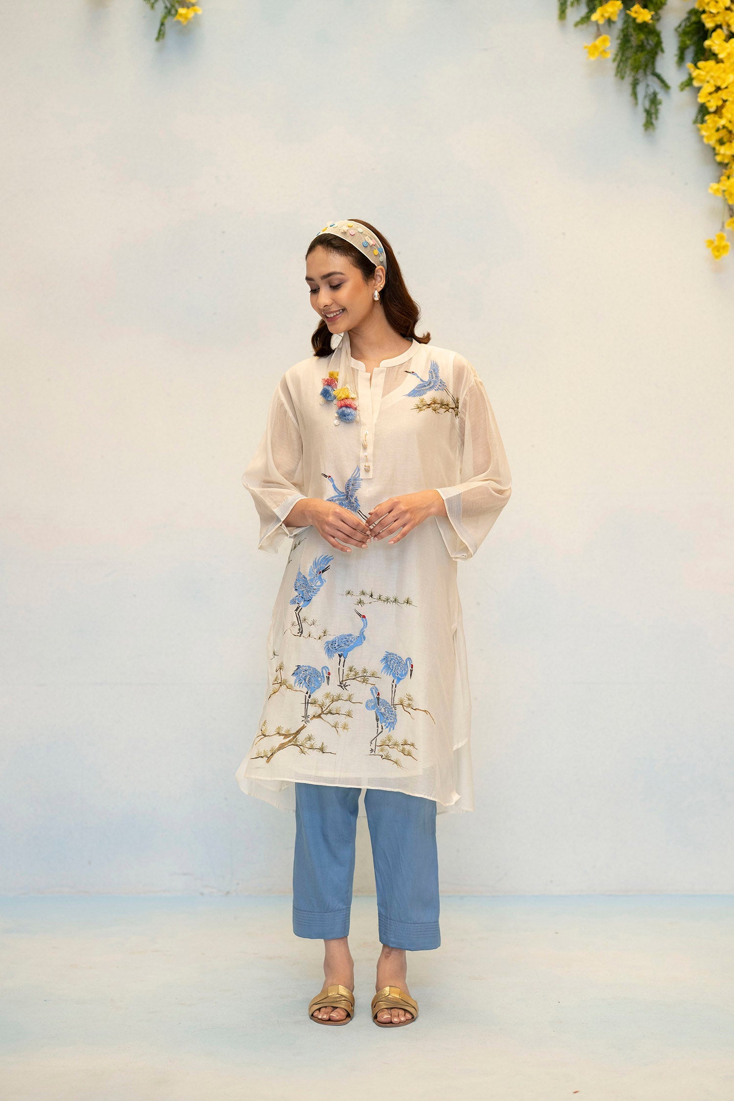 Rosh Mul Chanderi Co-ord Set in Off-White/Blue