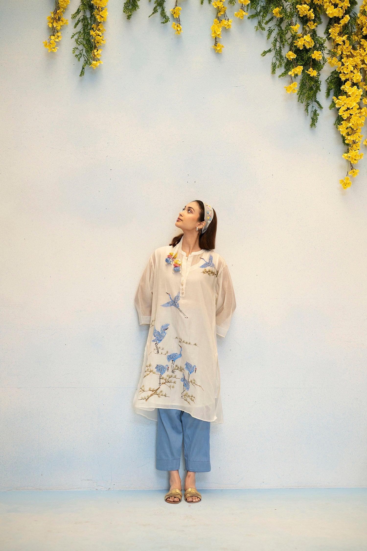 Rosh Mul Chanderi Co-ord Set in Off-White/Blue