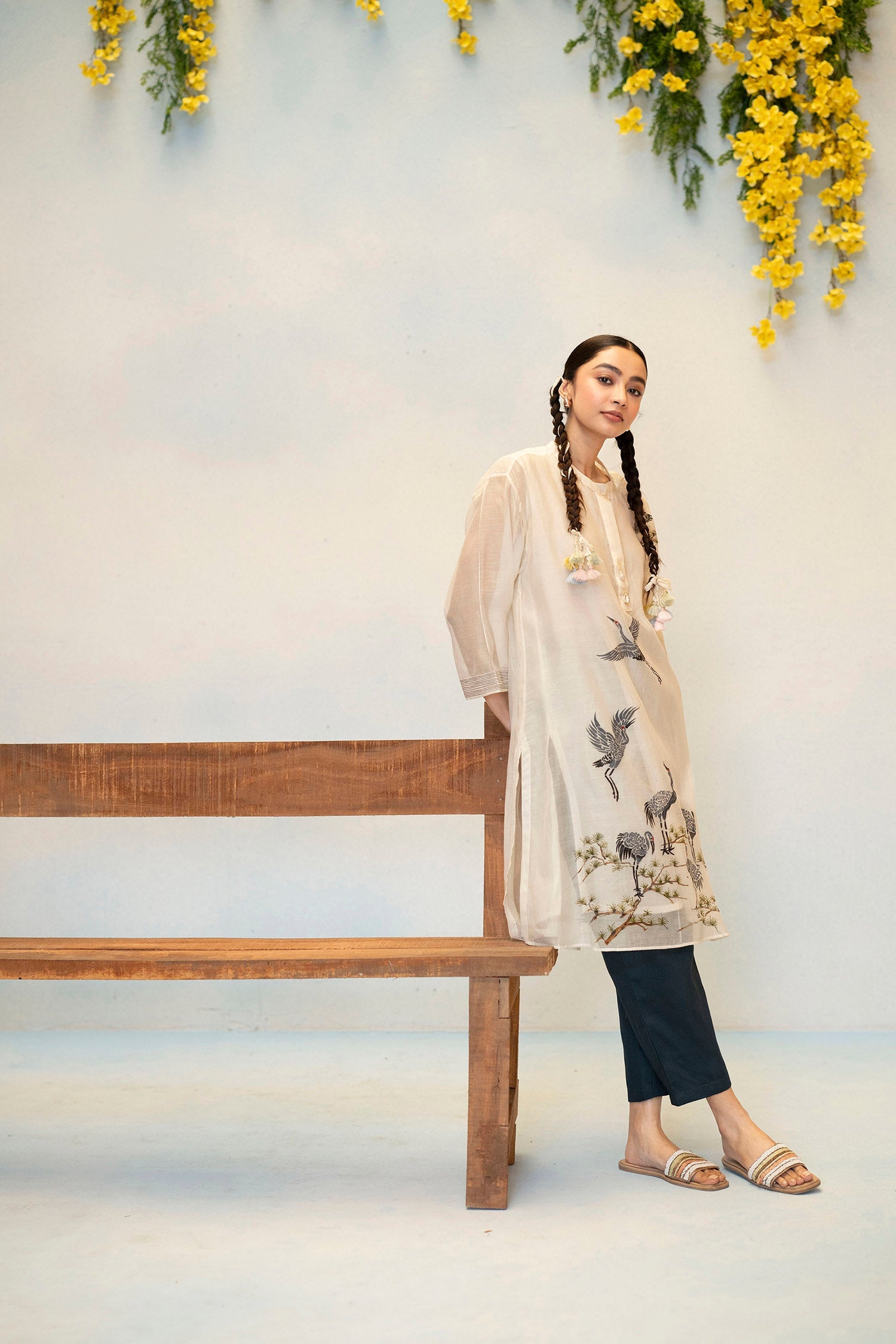 Rosh Mul Chanderi Co-ord Set in Off-White/Teal Grey