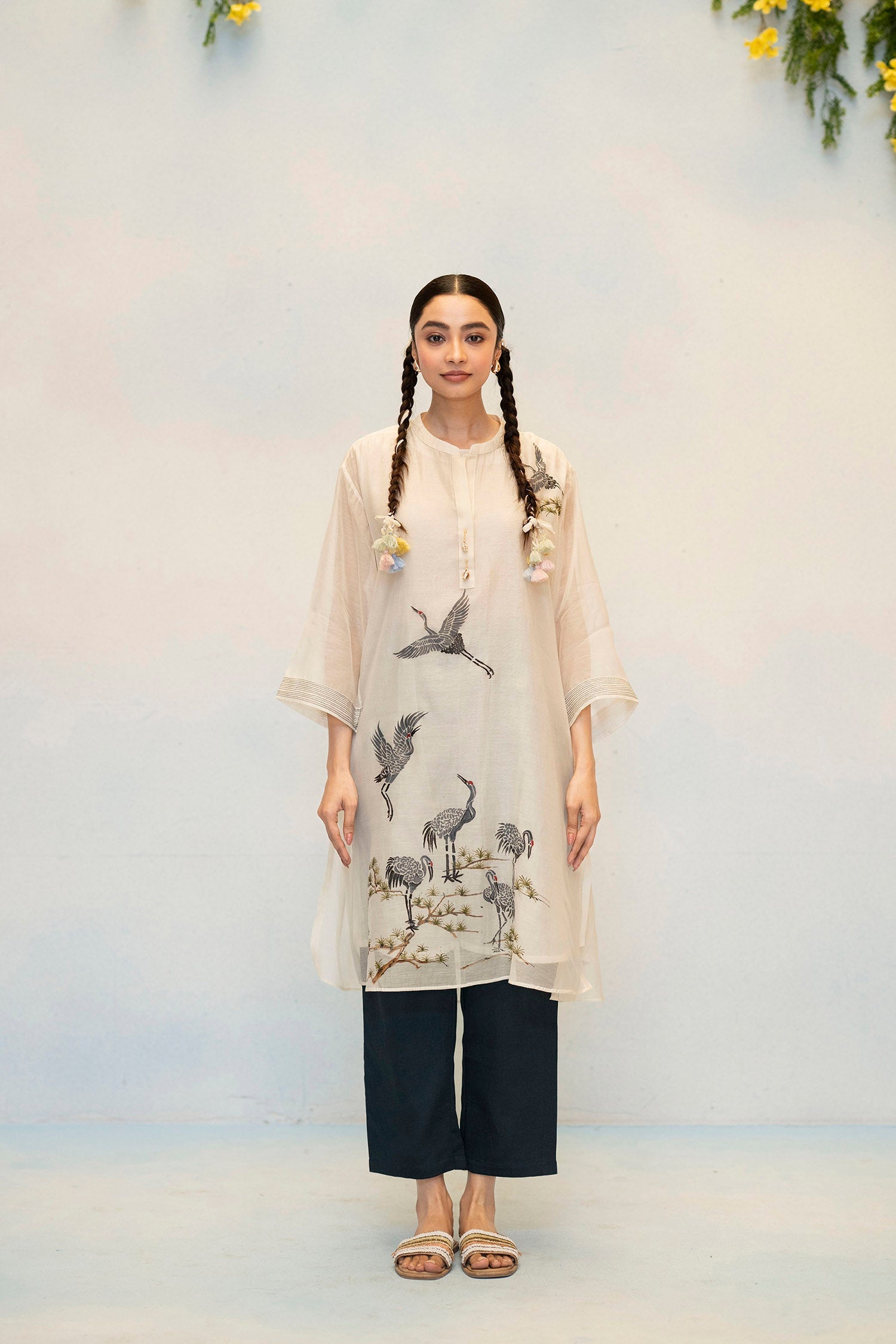 Rosh Mul Chanderi Co-ord Set in Off-White/Teal Grey